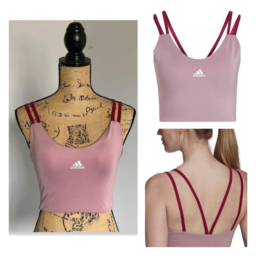 adidas Pink Crop Sports Bra with Burgundy Straps